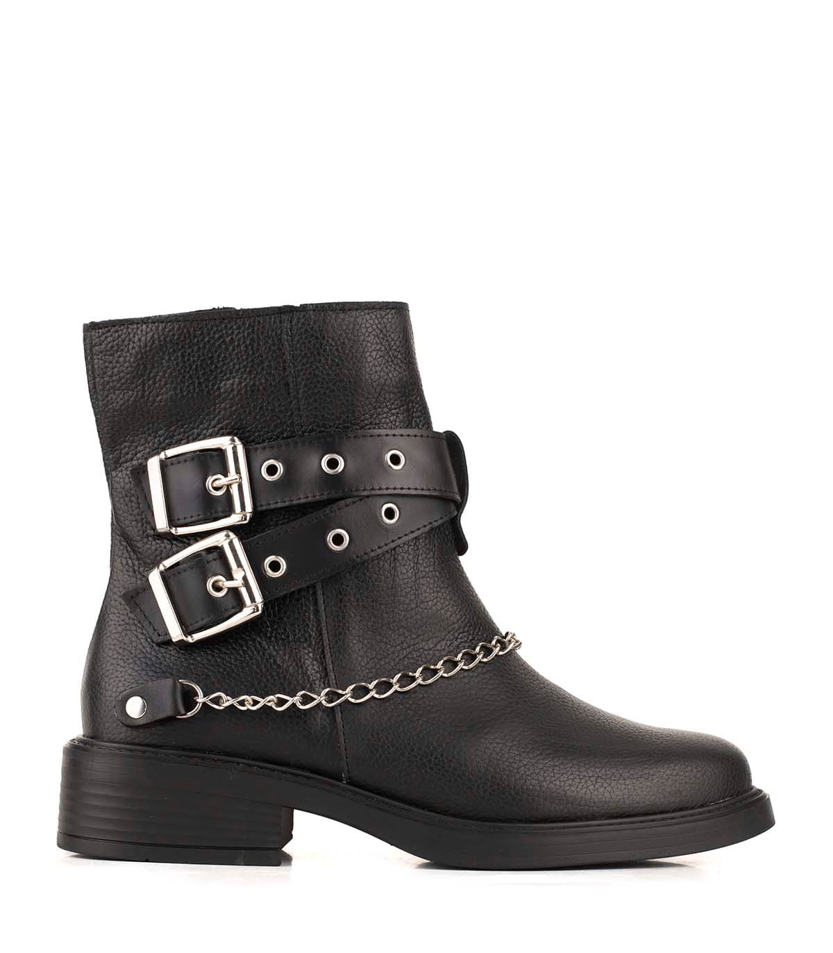 Bota biker de cuero con hebillas y cadena Batistella