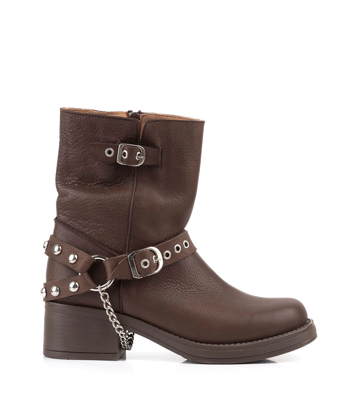 Bota corta en cuero con hebillas y detalle de cadena