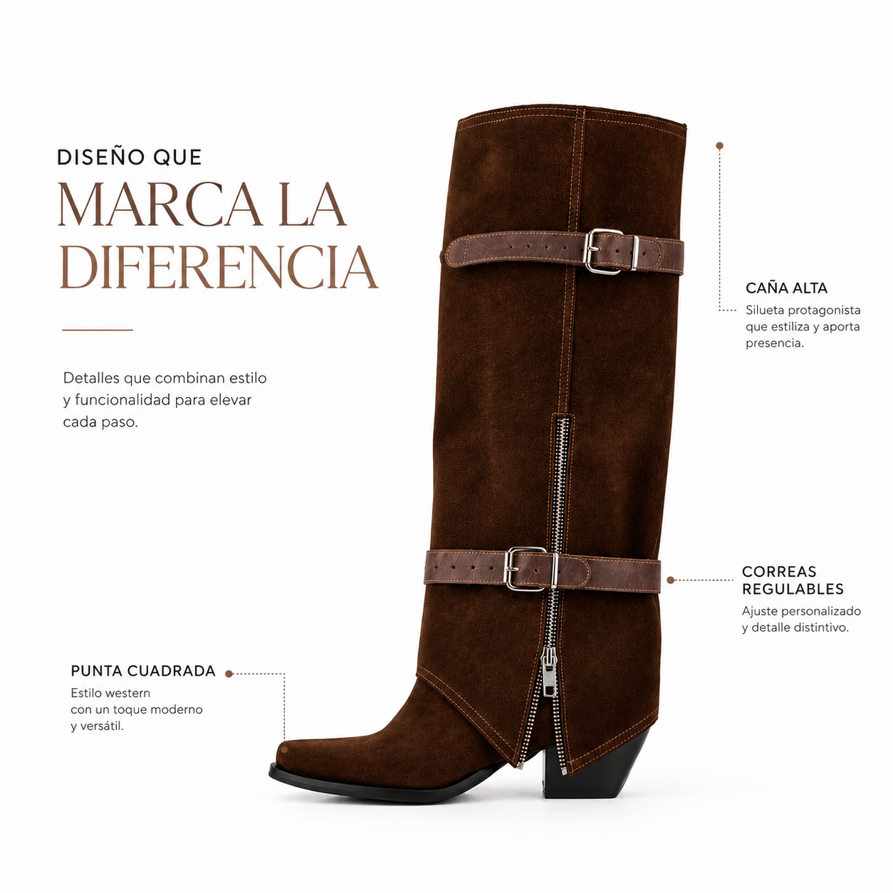 Bota texana alta de gamuza con cierres y hebillas — imagen 4